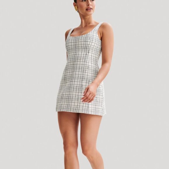 NWT Meshki Beth tweed mini dress white checkered size S - Picture 1 of 6